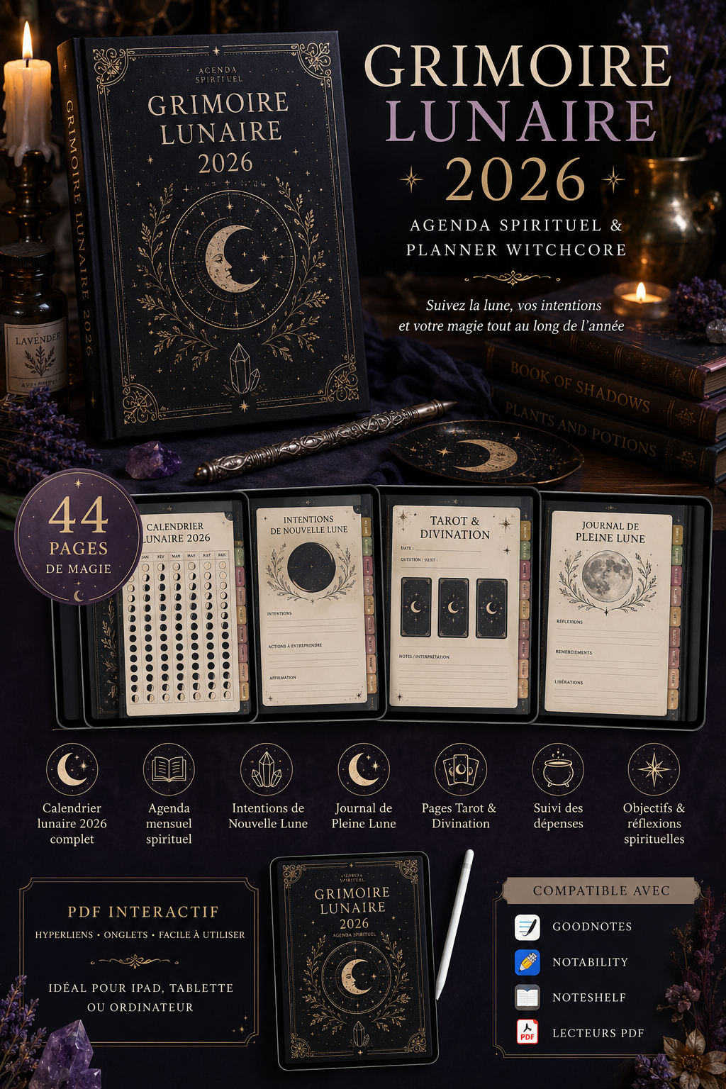 Grimoire Lunaire 2026 PDF Interactif | Agenda Witchcore Numérique | Journal Lunaire & Tarot