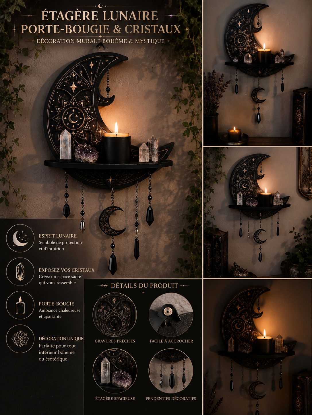 Porte-Bougie Mural Lune Décoratif | Décoration Mystique Witchcore