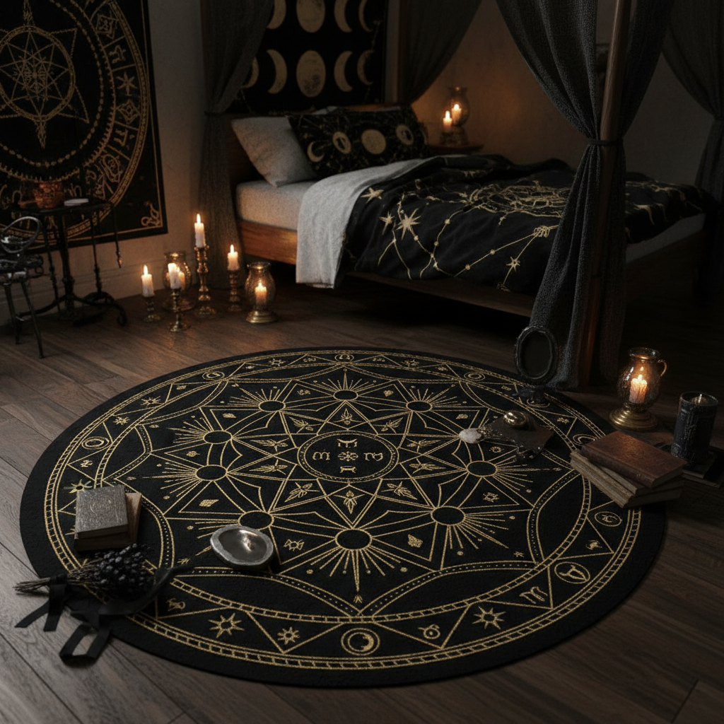 Tapis Mystique Noir & Or — Décoration sol witchcore